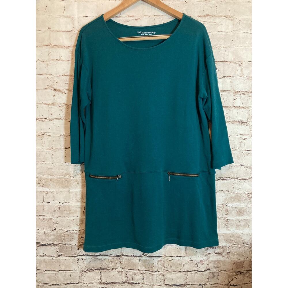 Soft Surroundings Dress Womens Large Dark Teal Long Sleeve Shift Cotton‎ Stretch